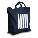 A navy blue denim tote bag with white stripes on the side.
