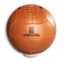 A brown leather soccer ball with the text 'THE JUVENTUS STORY' printed on it.