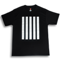 A black short sleeve T-shirt with 5 white vertical stripes on the front.
