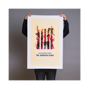'The Juventus Story' movie poster is being held up by a person so that you can see the actual size of the poster in relation to the person holding it. The poster covers the person's head and body, ending right before the legs. 