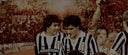 Color image of 3 soccer players (Cabrini, Scirea, Bettega) with Juventus soccer jerseys on. Image is from a 1982 game.