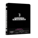 Front view of a 4 disc Blu-Ray Steelbook for the movie "The Juventus Story".  The steelbook is black and has the title of the movie printed in white on the cover.