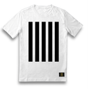White short sleeve t-shirt with 5 vertical black stripes on the front.