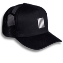A black sports cap with a mesh back and a white stripe logo on the front.