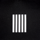 Close up of white striped logo that is on the front of a black baseball cap