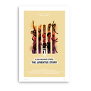 A framed poster featuring stylized images of soccer players with 'Black and White Stripes' and 'The Juventus Story' text.